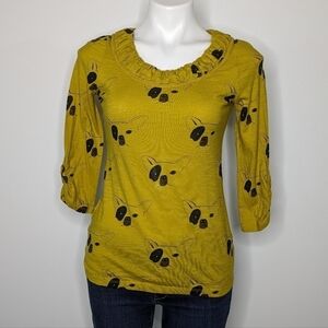 Anthro Postmark yellow black Boston Terrier 1/2 sleeve shirt XS
